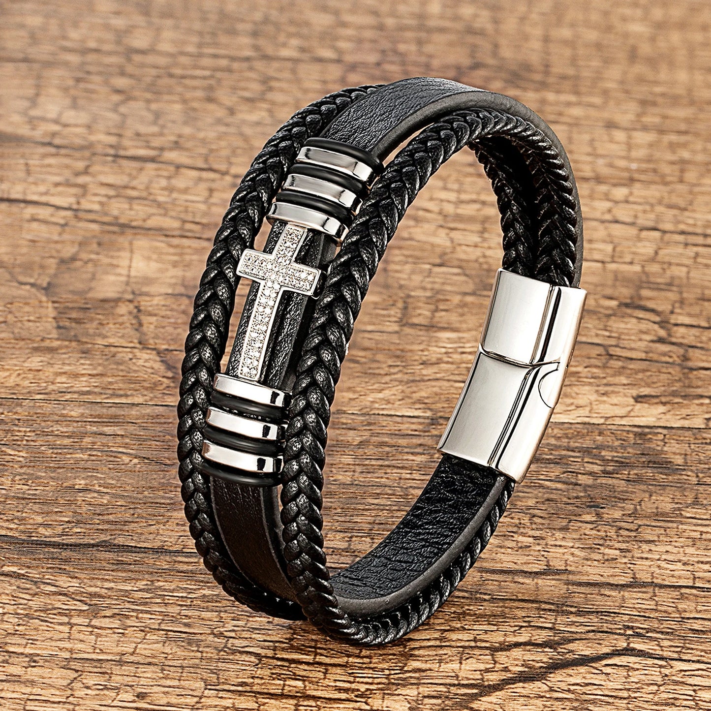 Forge Cross Bracelet – Black Woven Faith Band